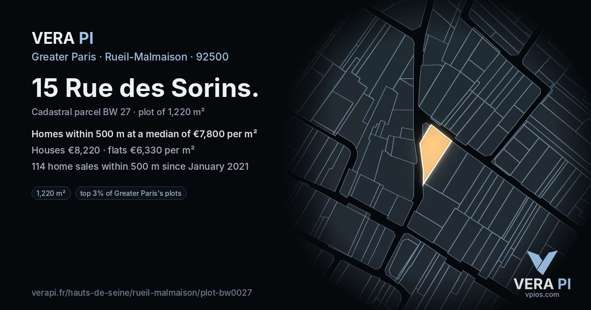 15 Rue des Sorins, Rueil-Malmaison at night – the plot lit, the parcels around coloured by the prices near them