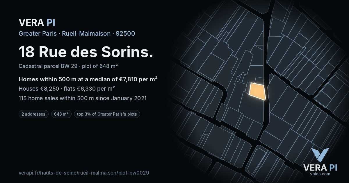 18 Rue des Sorins, Rueil-Malmaison at night – the plot lit, the parcels around coloured by the prices near them