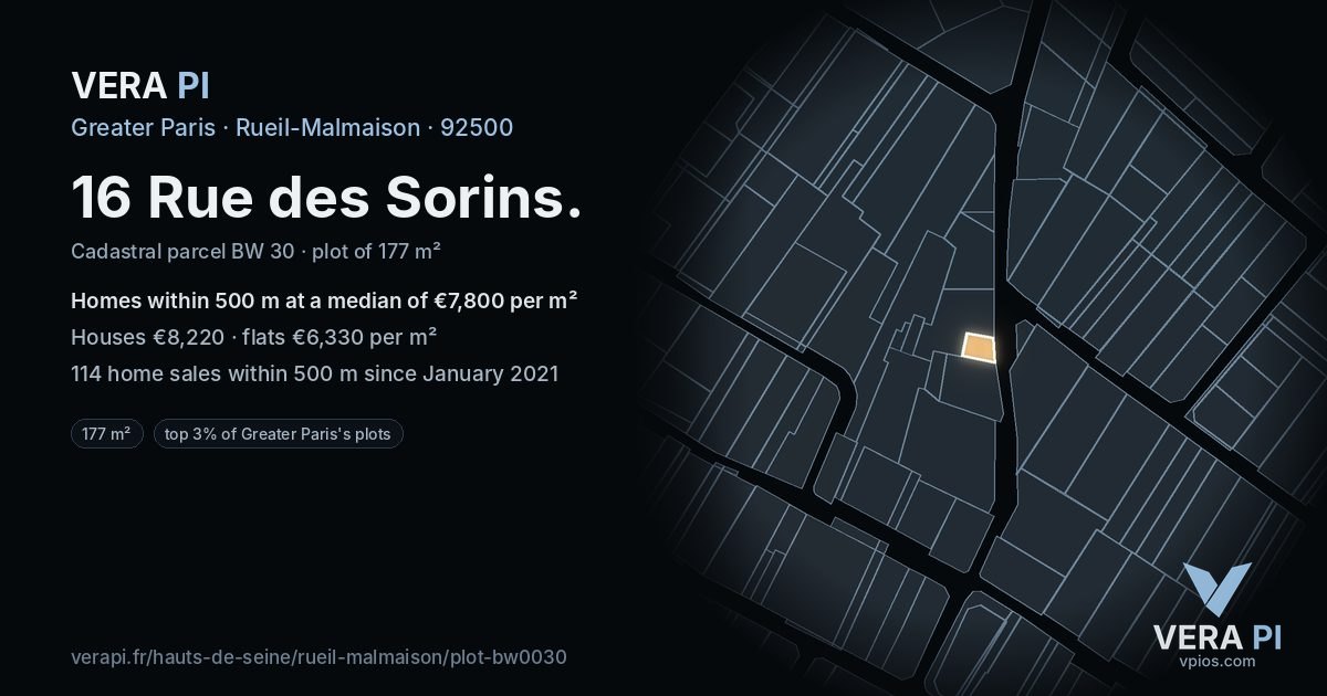 16 Rue des Sorins, Rueil-Malmaison at night – the plot lit, the parcels around coloured by the prices near them