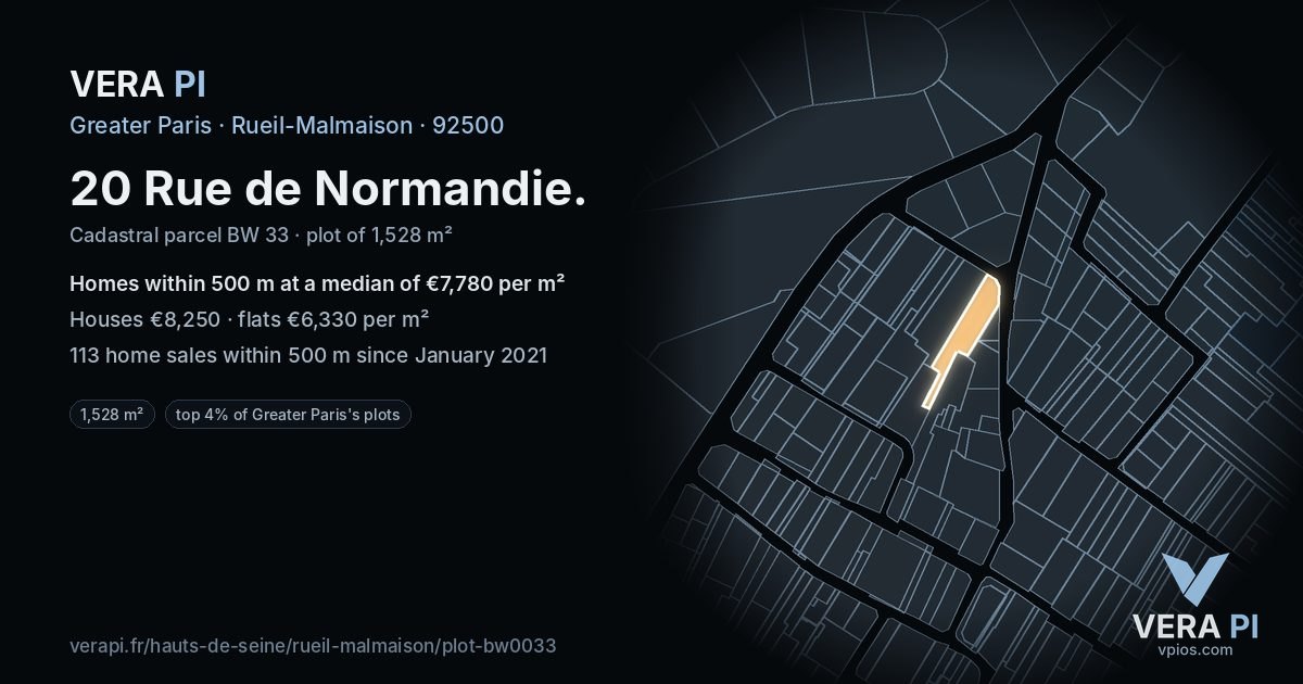20 Rue de Normandie, Rueil-Malmaison at night – the plot lit, the parcels around coloured by the prices near them