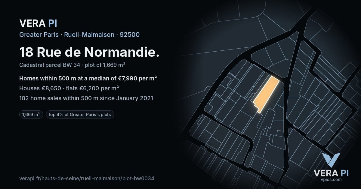 18 Rue de Normandie, Rueil-Malmaison at night – the plot lit, the parcels around coloured by the prices near them