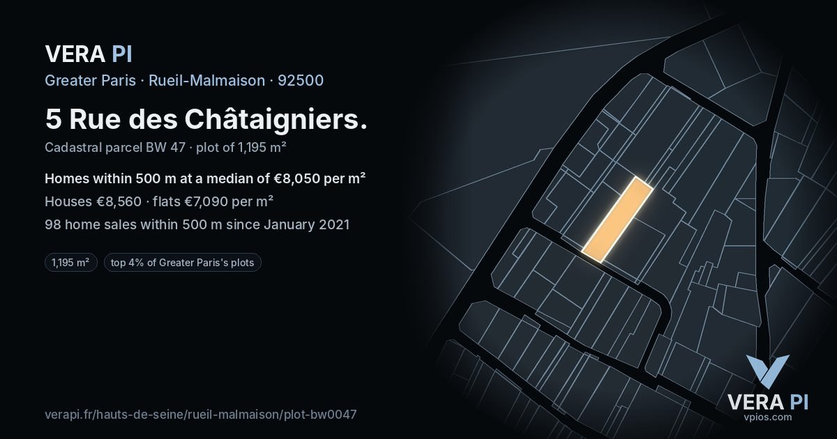 5 Rue des Châtaigniers, Rueil-Malmaison at night – the plot lit, the parcels around coloured by the prices near them