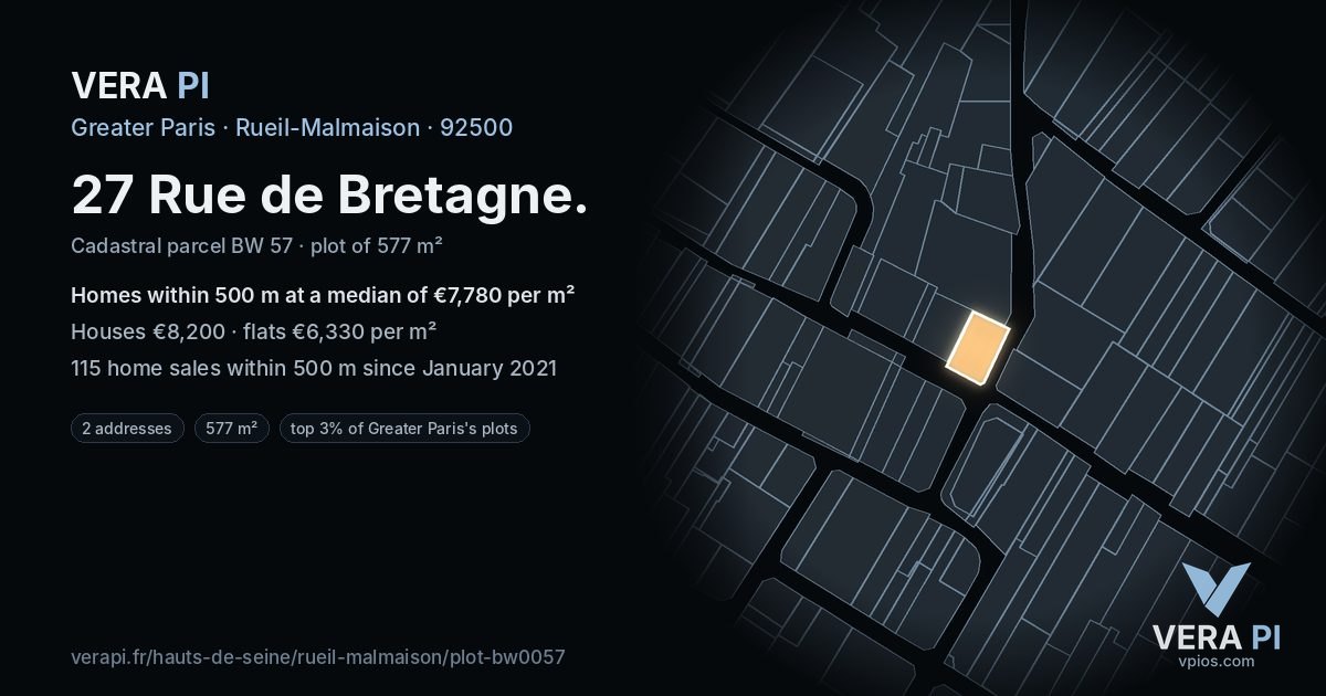 27 Rue de Bretagne, Rueil-Malmaison at night – the plot lit, the parcels around coloured by the prices near them