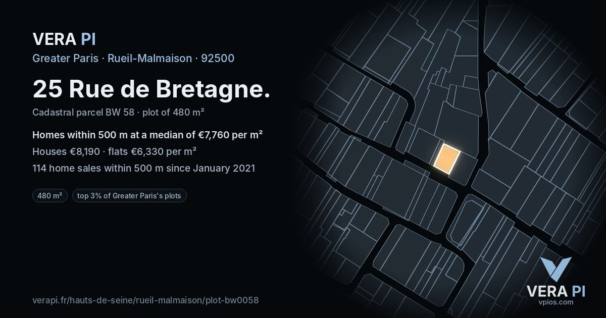 25 Rue de Bretagne, Rueil-Malmaison at night – the plot lit, the parcels around coloured by the prices near them