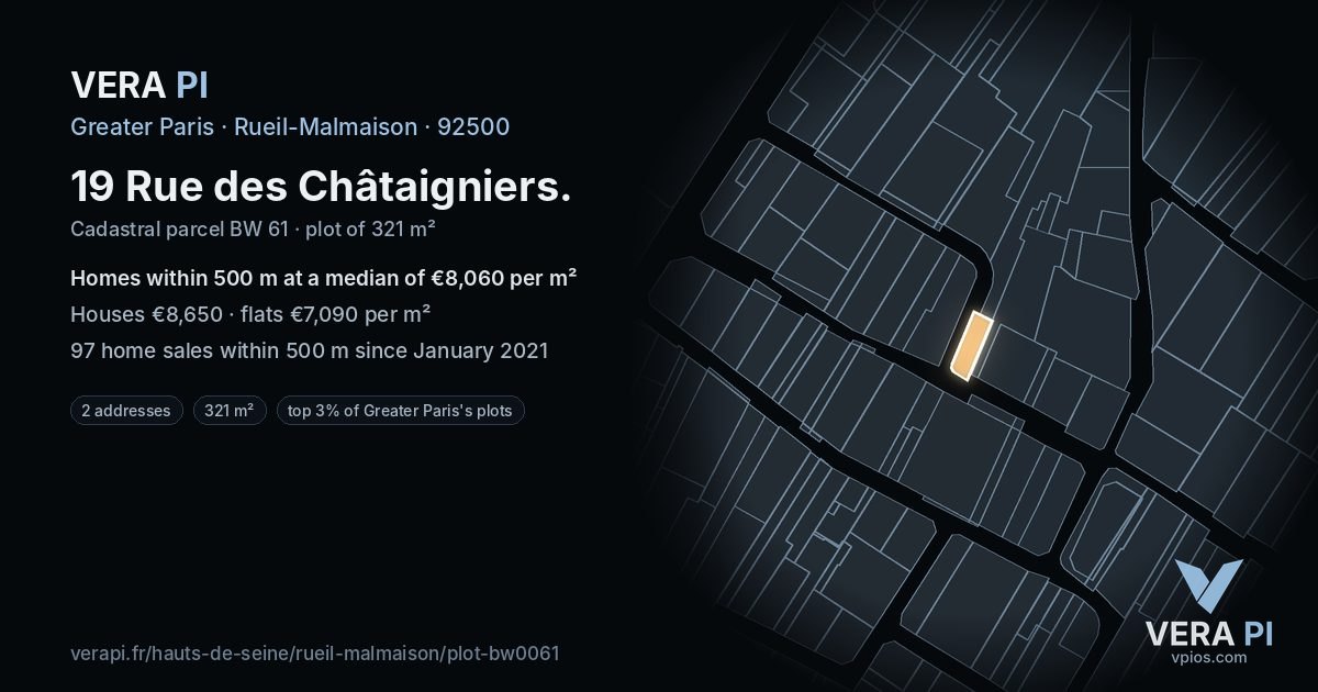 19 Rue des Châtaigniers, Rueil-Malmaison at night – the plot lit, the parcels around coloured by the prices near them