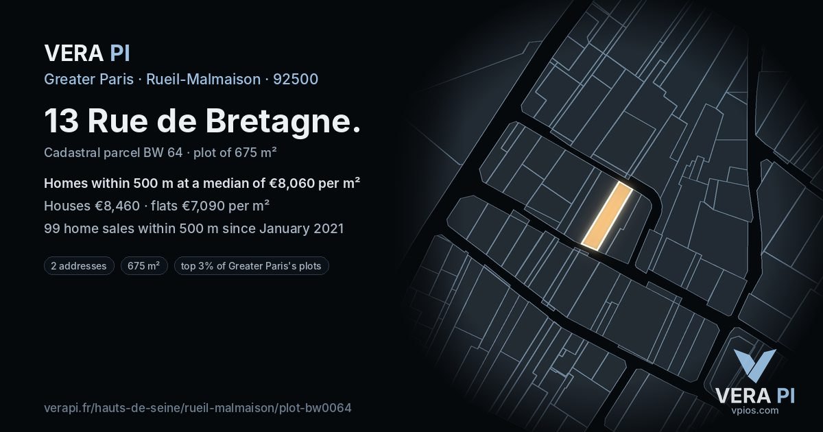 13 Rue de Bretagne, Rueil-Malmaison at night – the plot lit, the parcels around coloured by the prices near them