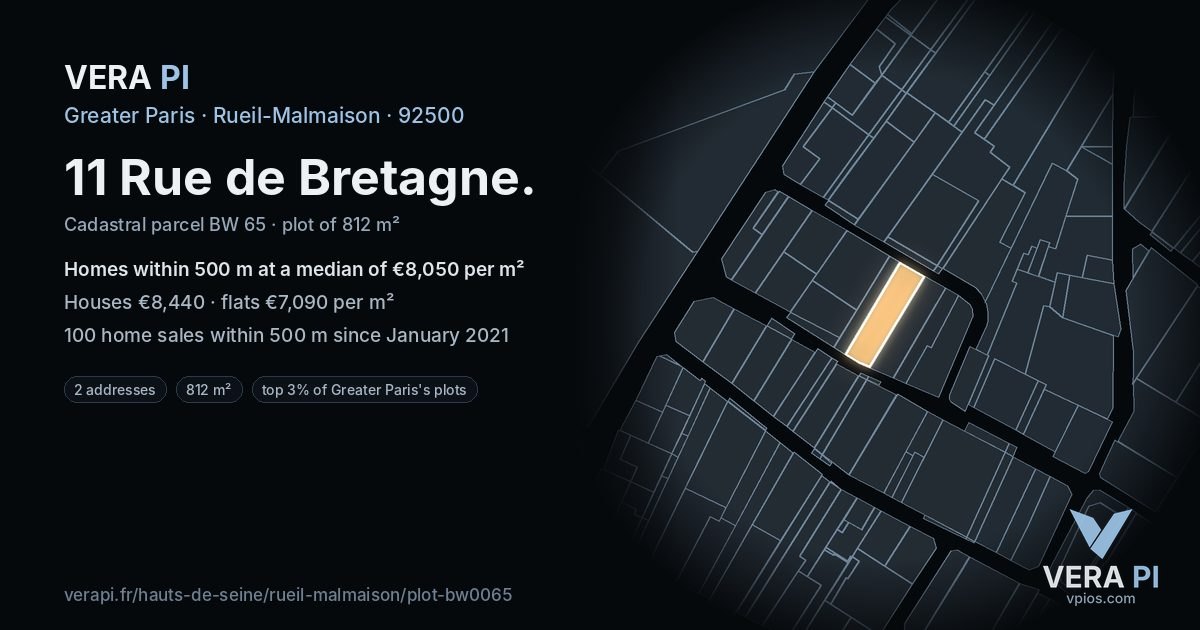 11 Rue de Bretagne, Rueil-Malmaison at night – the plot lit, the parcels around coloured by the prices near them