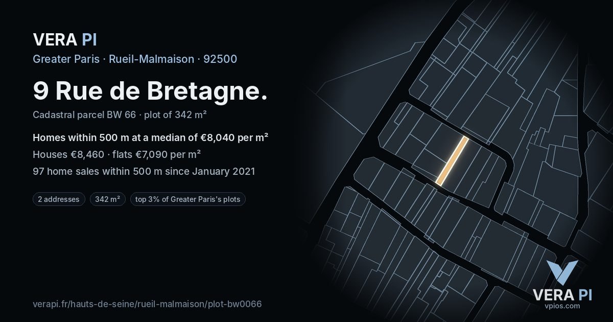 9 Rue de Bretagne, Rueil-Malmaison at night – the plot lit, the parcels around coloured by the prices near them