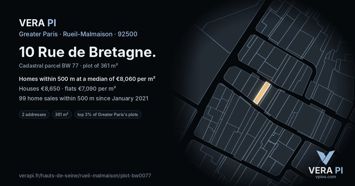 10 Rue de Bretagne, Rueil-Malmaison at night – the plot lit, the parcels around coloured by the prices near them