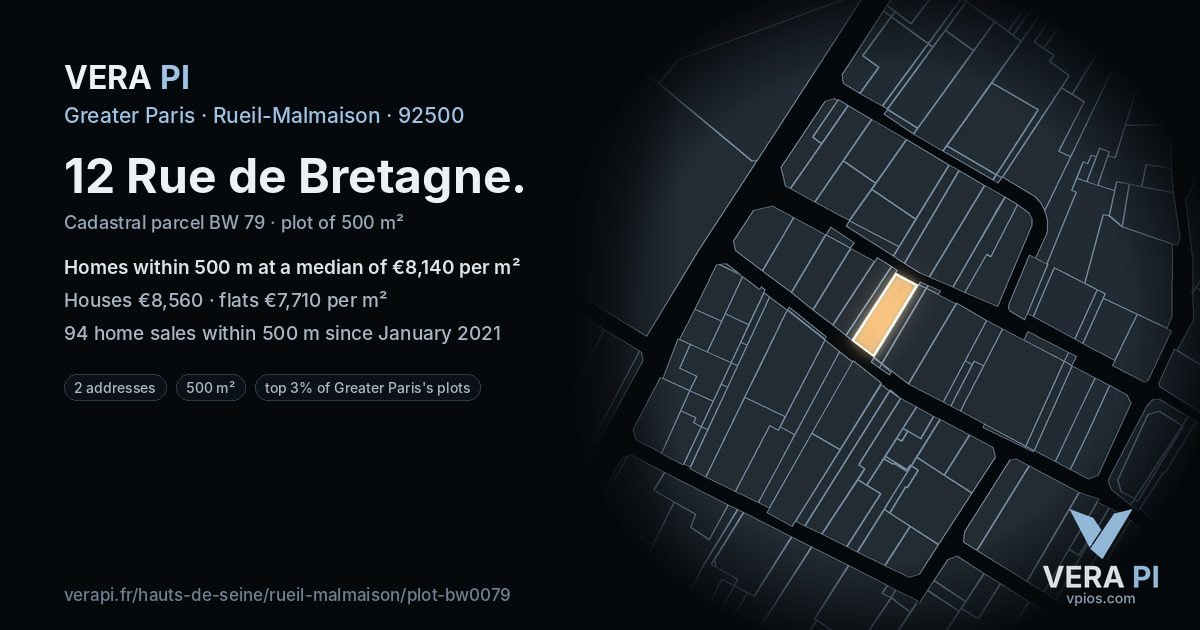 12 Rue de Bretagne, Rueil-Malmaison at night – the plot lit, the parcels around coloured by the prices near them