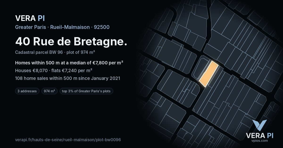 40 Rue de Bretagne, Rueil-Malmaison at night – the plot lit, the parcels around coloured by the prices near them
