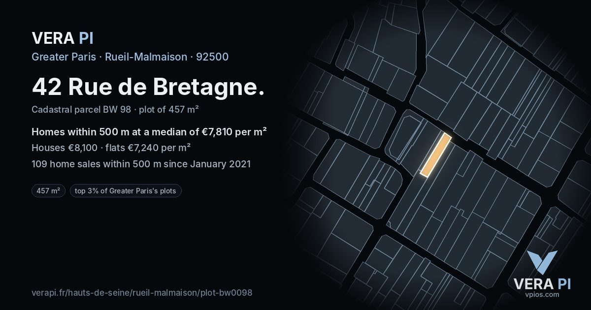 42 Rue de Bretagne, Rueil-Malmaison at night – the plot lit, the parcels around coloured by the prices near them