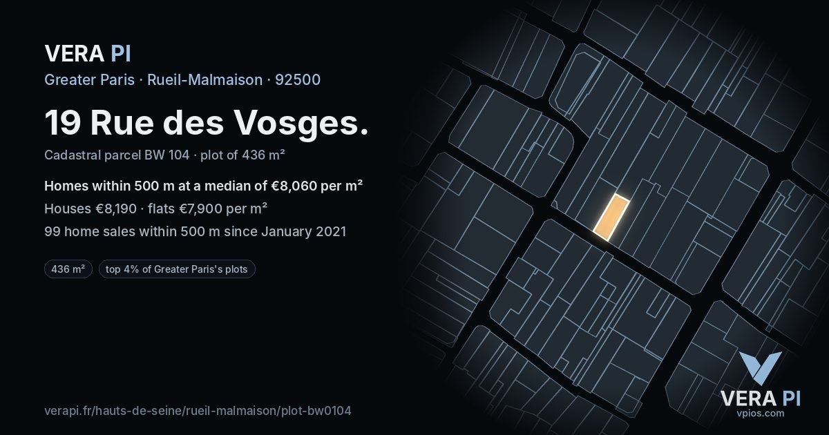 19 Rue des Vosges, Rueil-Malmaison at night – the plot lit, the parcels around coloured by the prices near them
