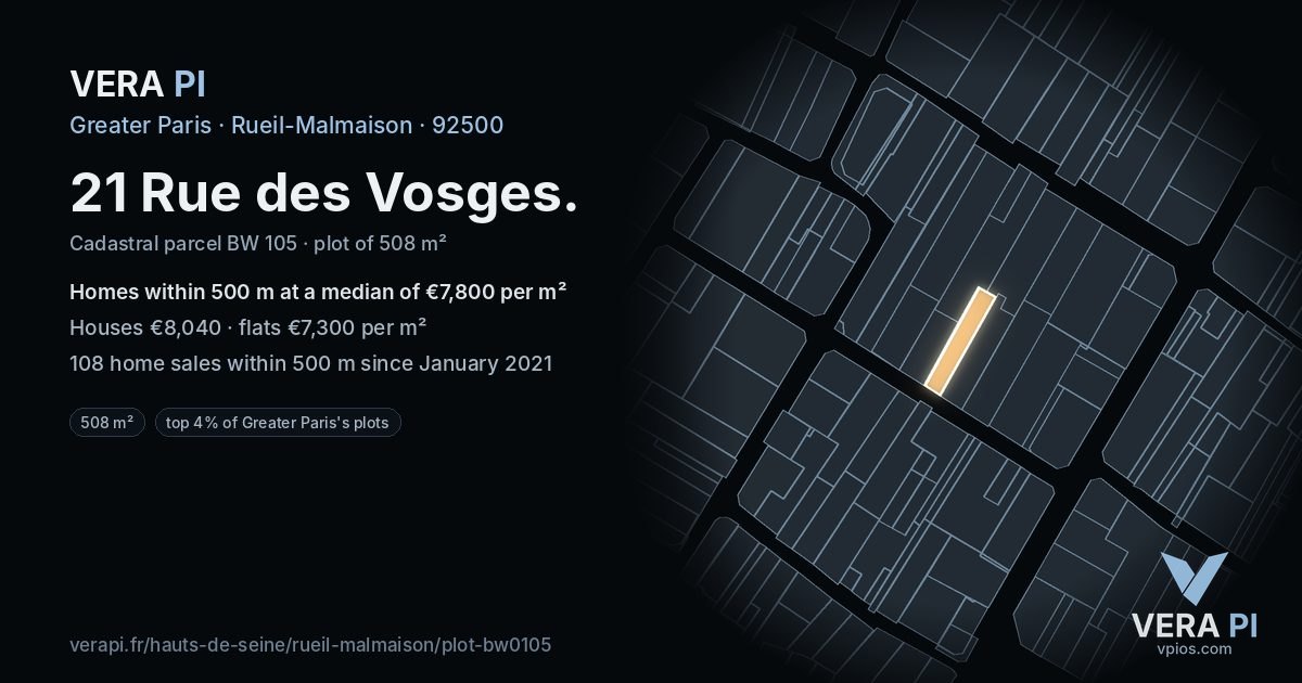21 Rue des Vosges, Rueil-Malmaison at night – the plot lit, the parcels around coloured by the prices near them