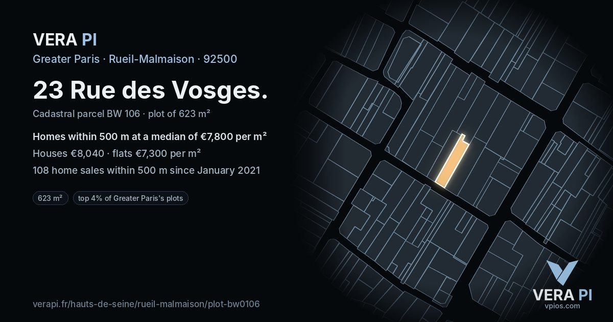 23 Rue des Vosges, Rueil-Malmaison at night – the plot lit, the parcels around coloured by the prices near them