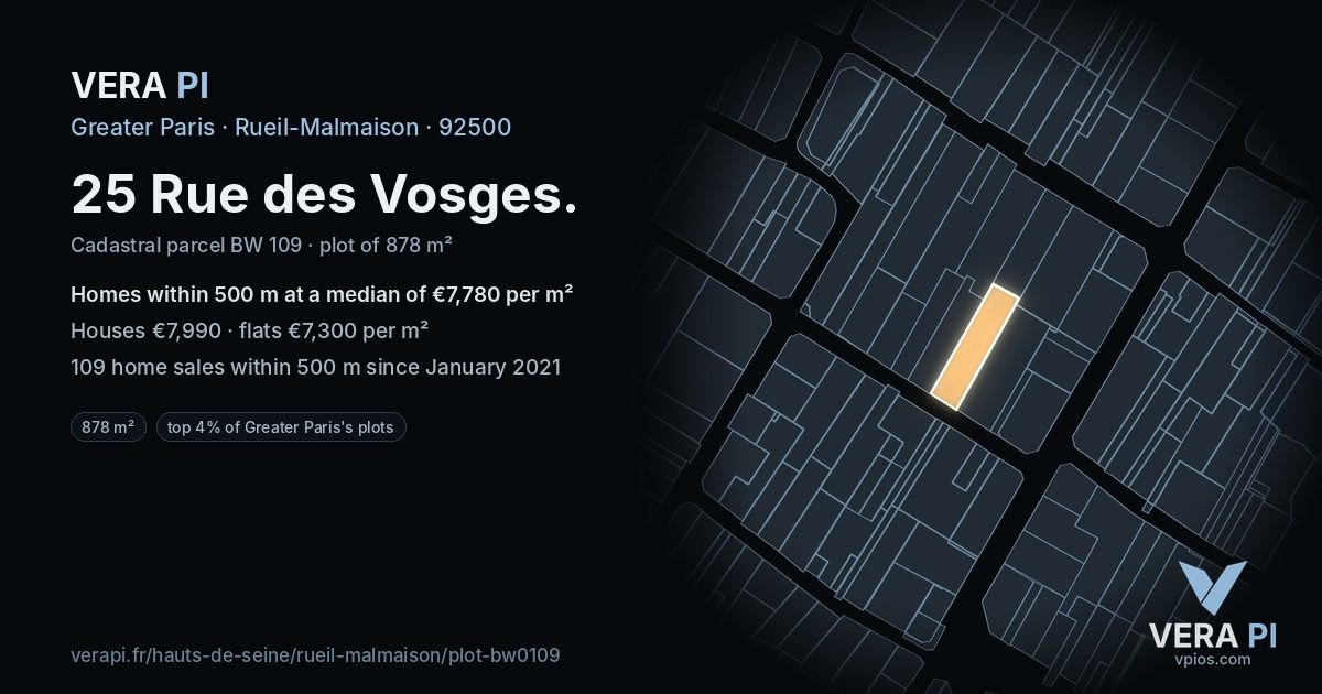 25 Rue des Vosges, Rueil-Malmaison at night – the plot lit, the parcels around coloured by the prices near them