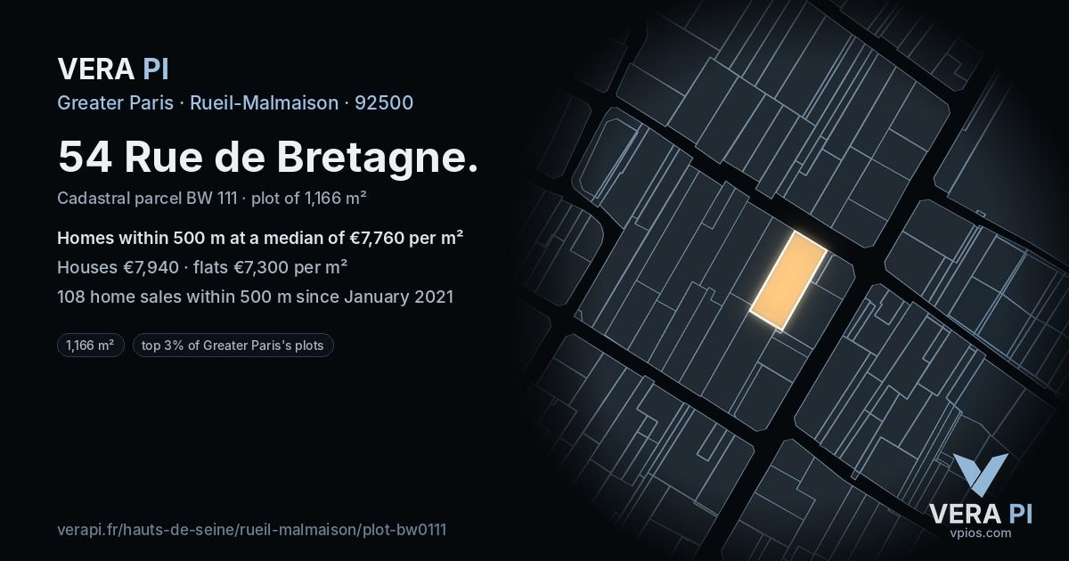 54 Rue de Bretagne, Rueil-Malmaison at night – the plot lit, the parcels around coloured by the prices near them