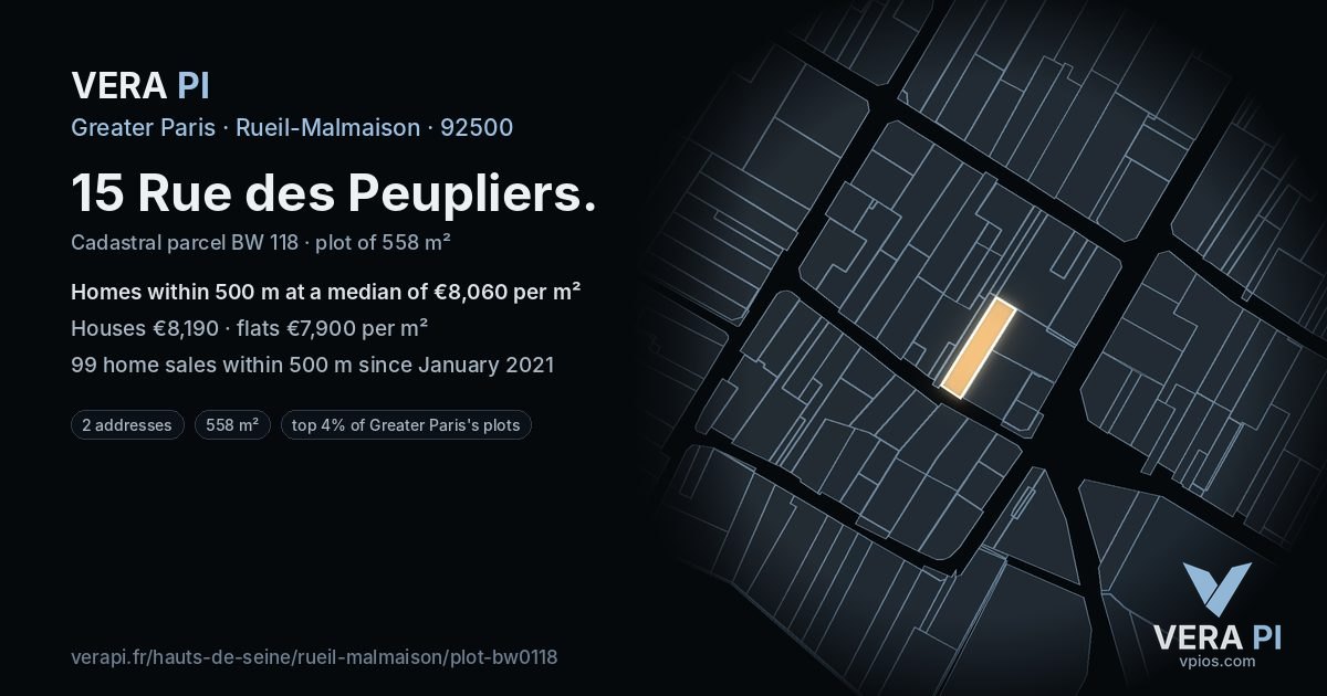 15 Rue des Peupliers, Rueil-Malmaison at night – the plot lit, the parcels around coloured by the prices near them