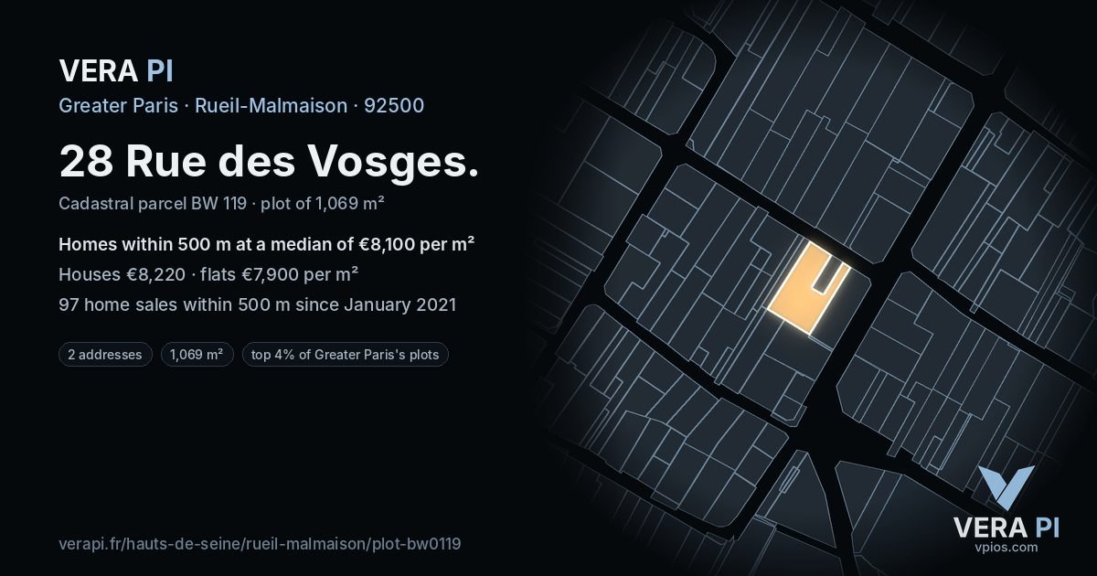 28 Rue des Vosges, Rueil-Malmaison at night – the plot lit, the parcels around coloured by the prices near them