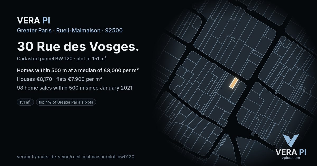 30 Rue des Vosges, Rueil-Malmaison at night – the plot lit, the parcels around coloured by the prices near them