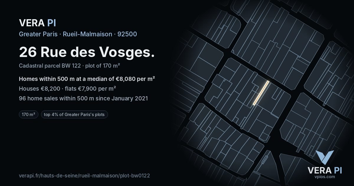 26 Rue des Vosges, Rueil-Malmaison at night – the plot lit, the parcels around coloured by the prices near them