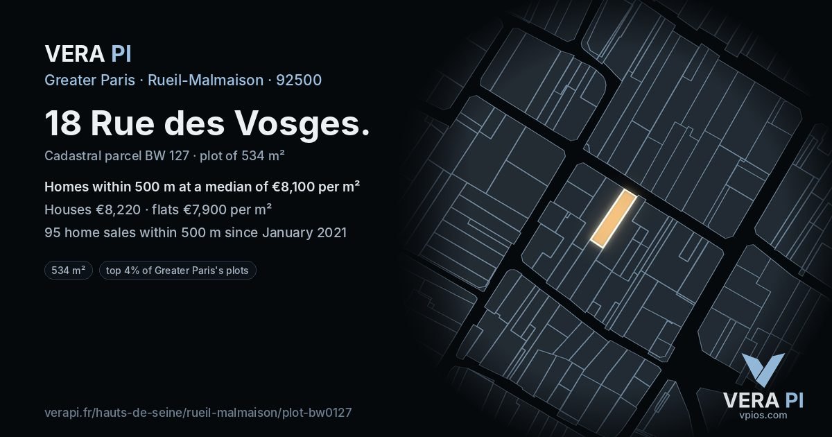 18 Rue des Vosges, Rueil-Malmaison at night – the plot lit, the parcels around coloured by the prices near them