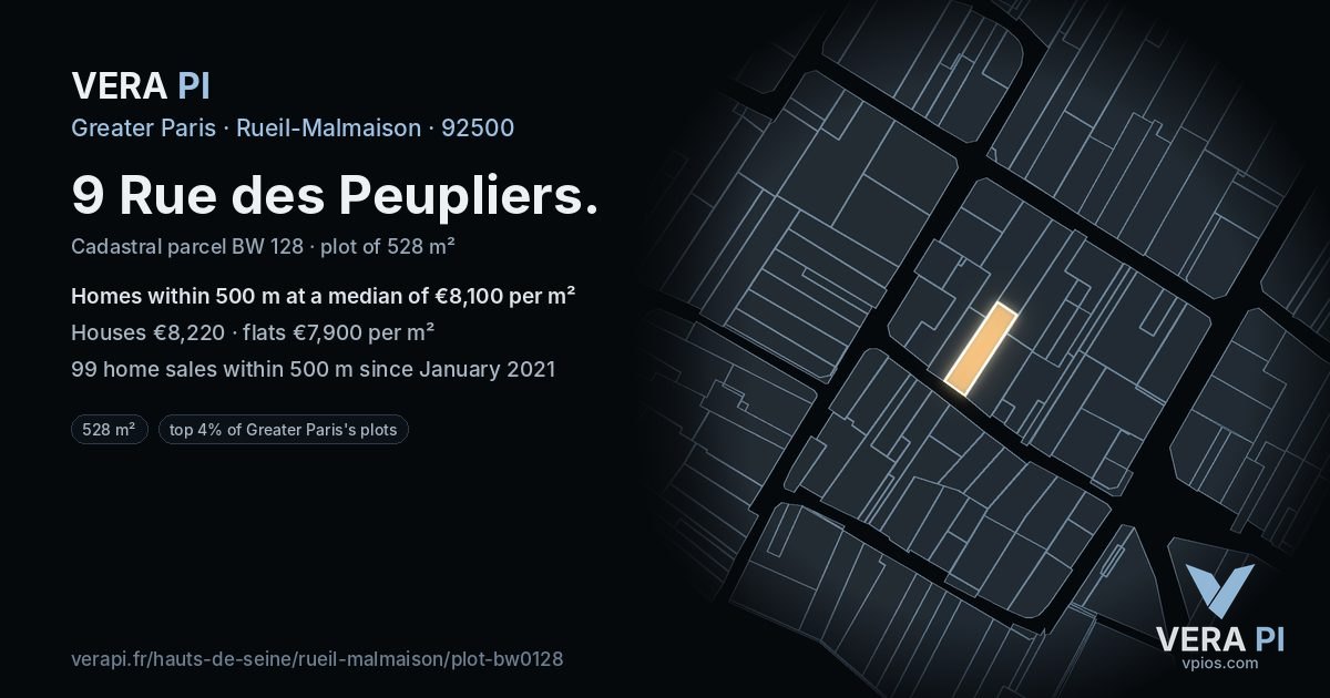 9 Rue des Peupliers, Rueil-Malmaison at night – the plot lit, the parcels around coloured by the prices near them