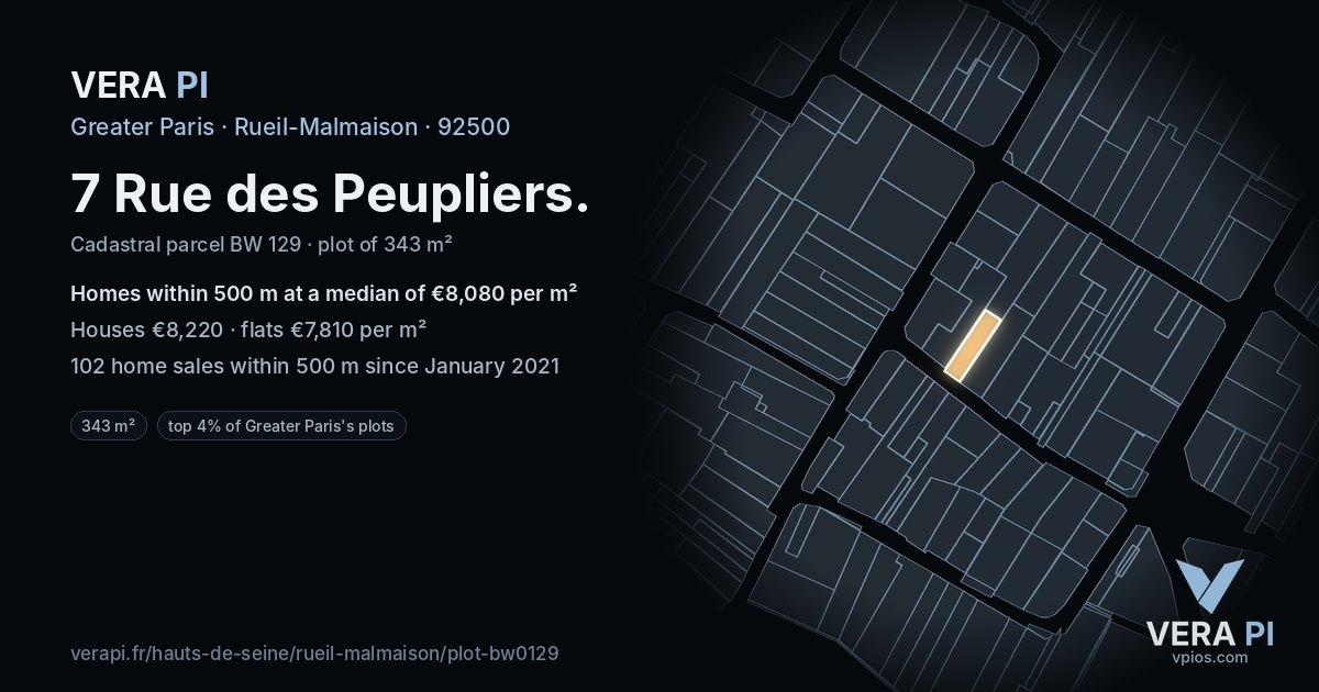 7 Rue des Peupliers, Rueil-Malmaison at night – the plot lit, the parcels around coloured by the prices near them