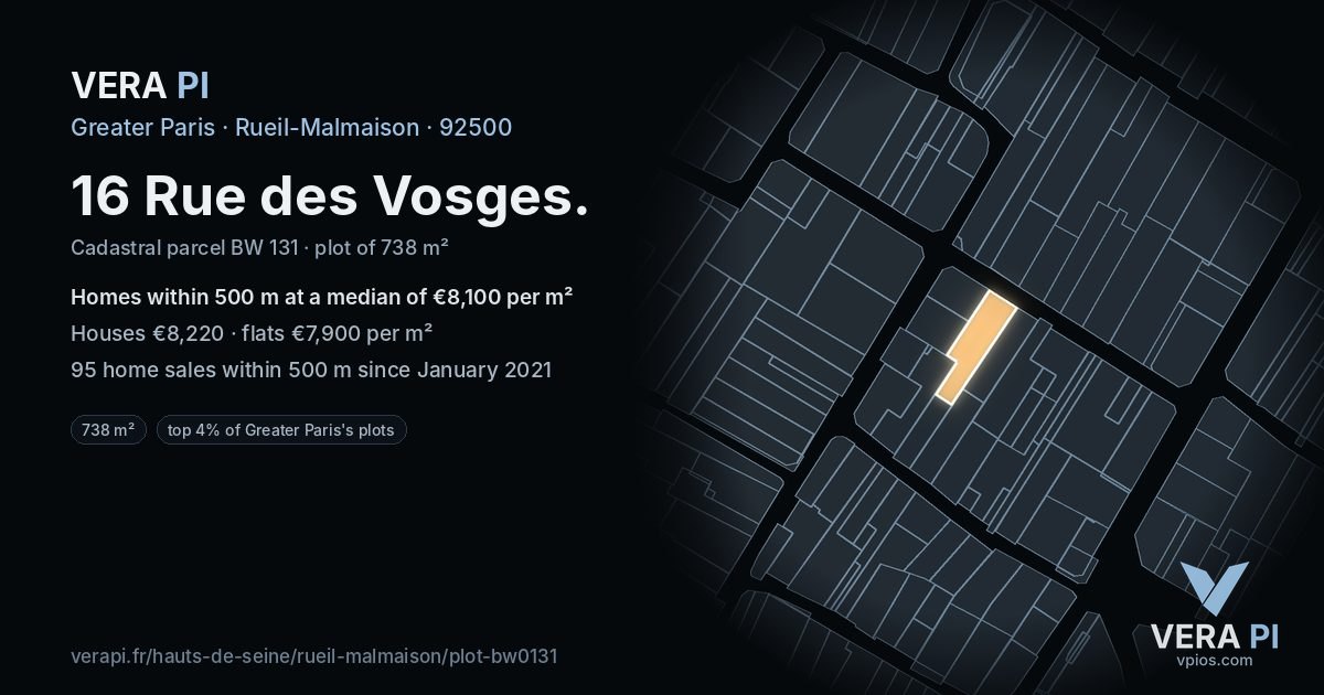 16 Rue des Vosges, Rueil-Malmaison at night – the plot lit, the parcels around coloured by the prices near them