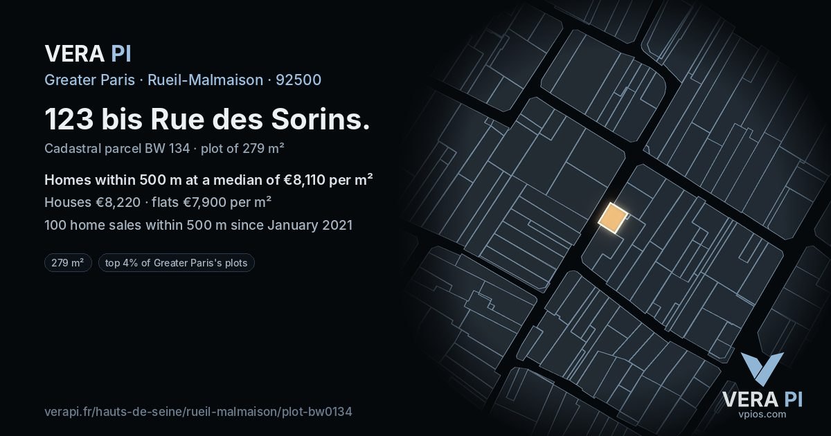 123 bis Rue des Sorins, Rueil-Malmaison at night – the plot lit, the parcels around coloured by the prices near them