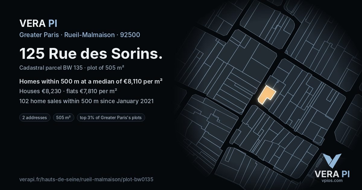 125 Rue des Sorins, Rueil-Malmaison at night – the plot lit, the parcels around coloured by the prices near them