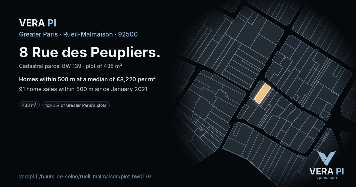 8 Rue des Peupliers, Rueil-Malmaison at night – the plot lit, the parcels around coloured by the prices near them