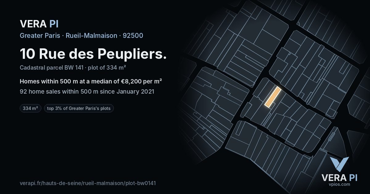 10 Rue des Peupliers, Rueil-Malmaison at night – the plot lit, the parcels around coloured by the prices near them