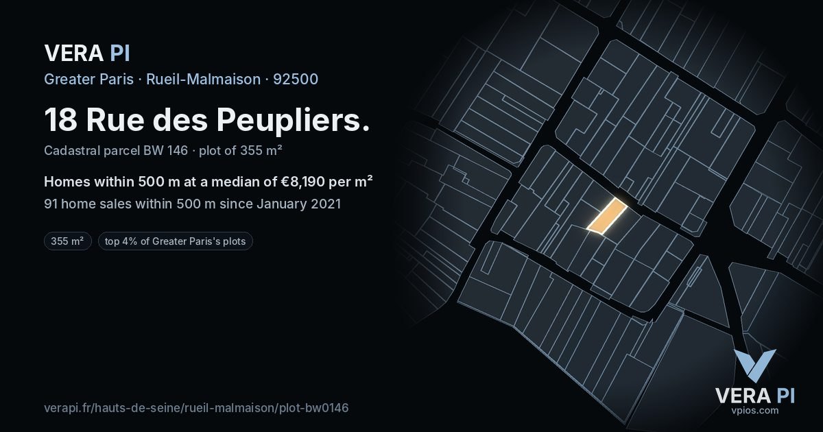 18 Rue des Peupliers, Rueil-Malmaison at night – the plot lit, the parcels around coloured by the prices near them