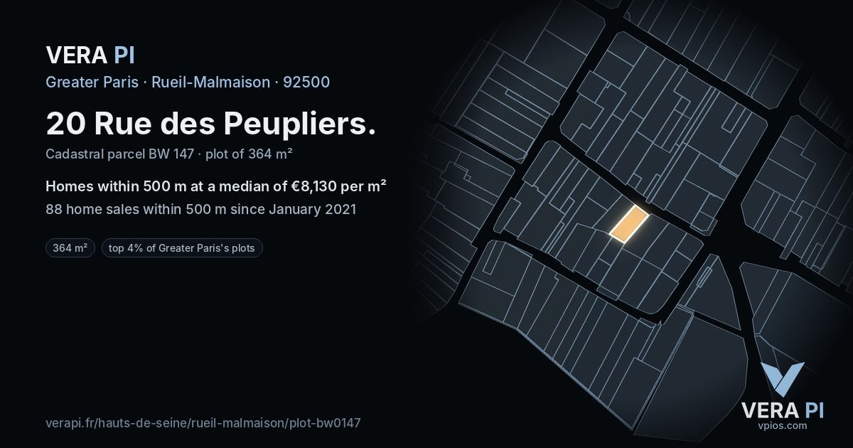 20 Rue des Peupliers, Rueil-Malmaison at night – the plot lit, the parcels around coloured by the prices near them