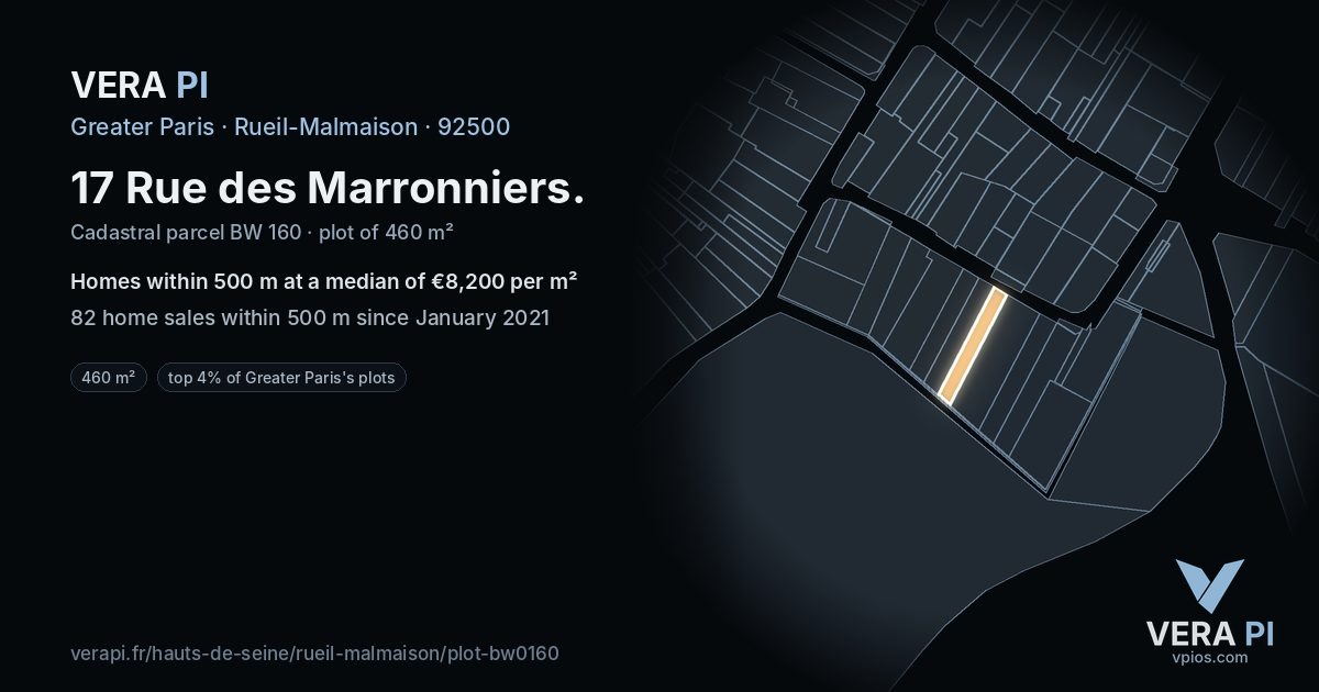 17 Rue des Marronniers, Rueil-Malmaison at night – the plot lit, the parcels around coloured by the prices near them