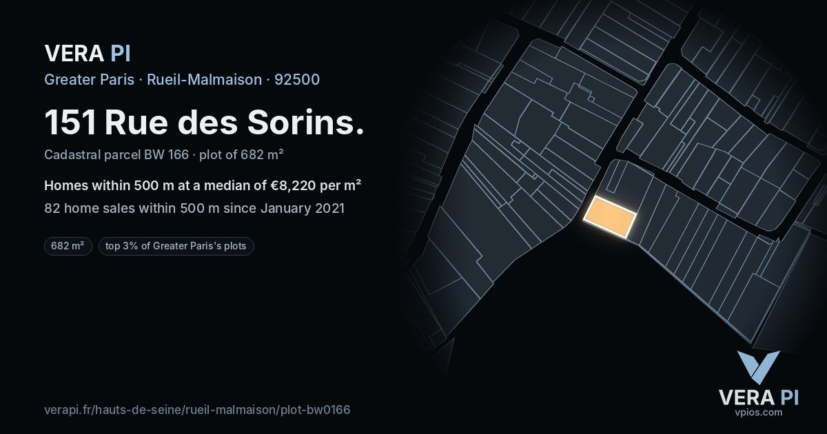 151 Rue des Sorins, Rueil-Malmaison at night – the plot lit, the parcels around coloured by the prices near them