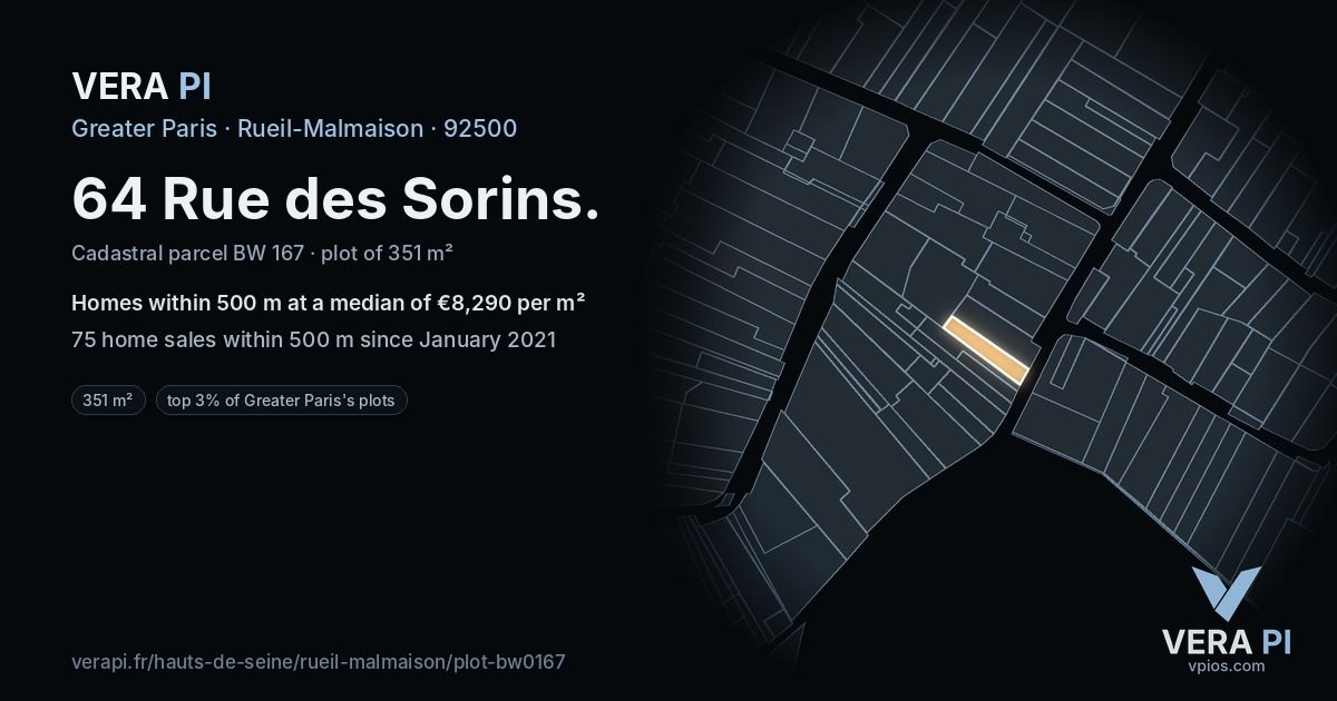 64 Rue des Sorins, Rueil-Malmaison at night – the plot lit, the parcels around coloured by the prices near them