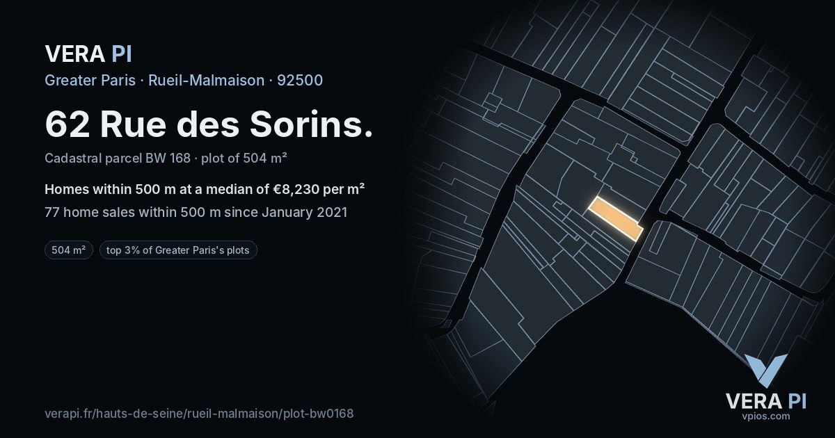 62 Rue des Sorins, Rueil-Malmaison at night – the plot lit, the parcels around coloured by the prices near them