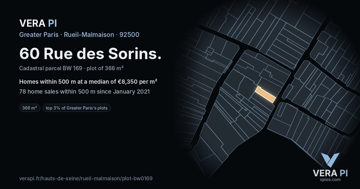 60 Rue des Sorins, Rueil-Malmaison at night – the plot lit, the parcels around coloured by the prices near them