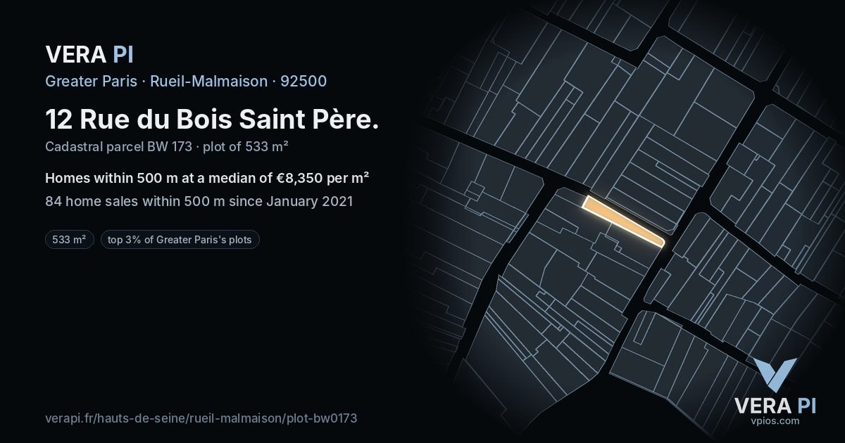 12 Rue du Bois Saint Père, Rueil-Malmaison at night – the plot lit, the parcels around coloured by the prices near them