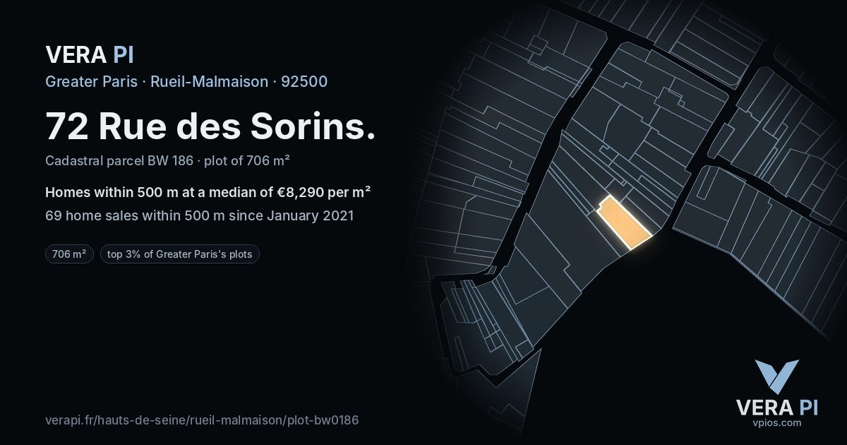 72 Rue des Sorins, Rueil-Malmaison at night – the plot lit, the parcels around coloured by the prices near them