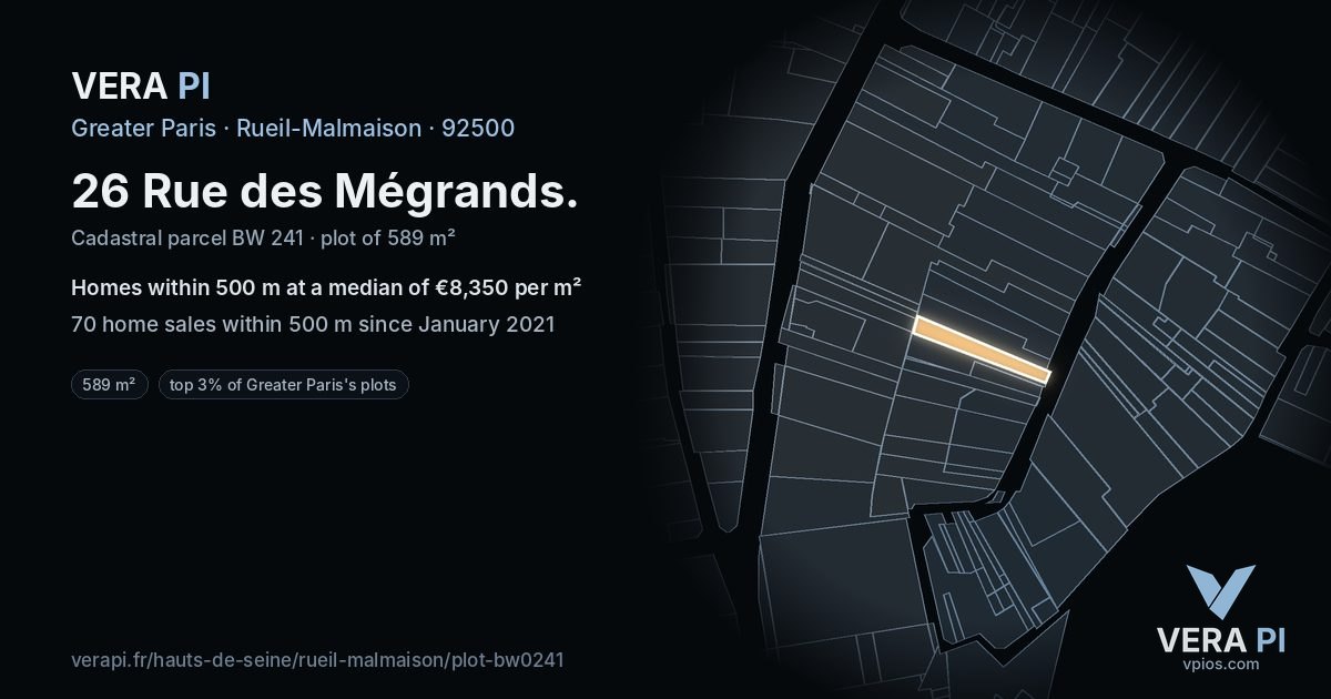 26 Rue des Mégrands, Rueil-Malmaison at night – the plot lit, the parcels around coloured by the prices near them