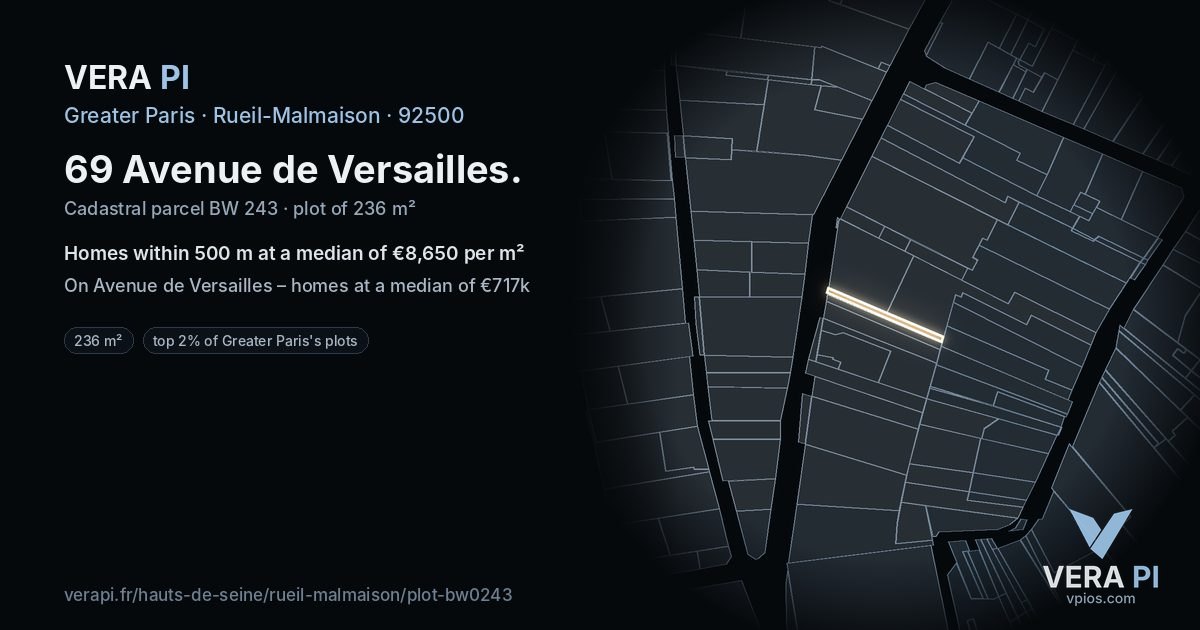 69 Avenue de Versailles, Rueil-Malmaison at night – the plot lit, the parcels around coloured by the prices near them