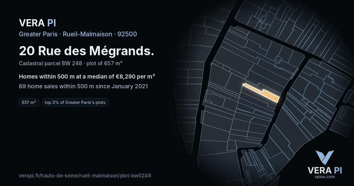 20 Rue des Mégrands, Rueil-Malmaison at night – the plot lit, the parcels around coloured by the prices near them