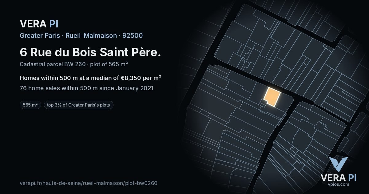 6 Rue du Bois Saint Père, Rueil-Malmaison at night – the plot lit, the parcels around coloured by the prices near them