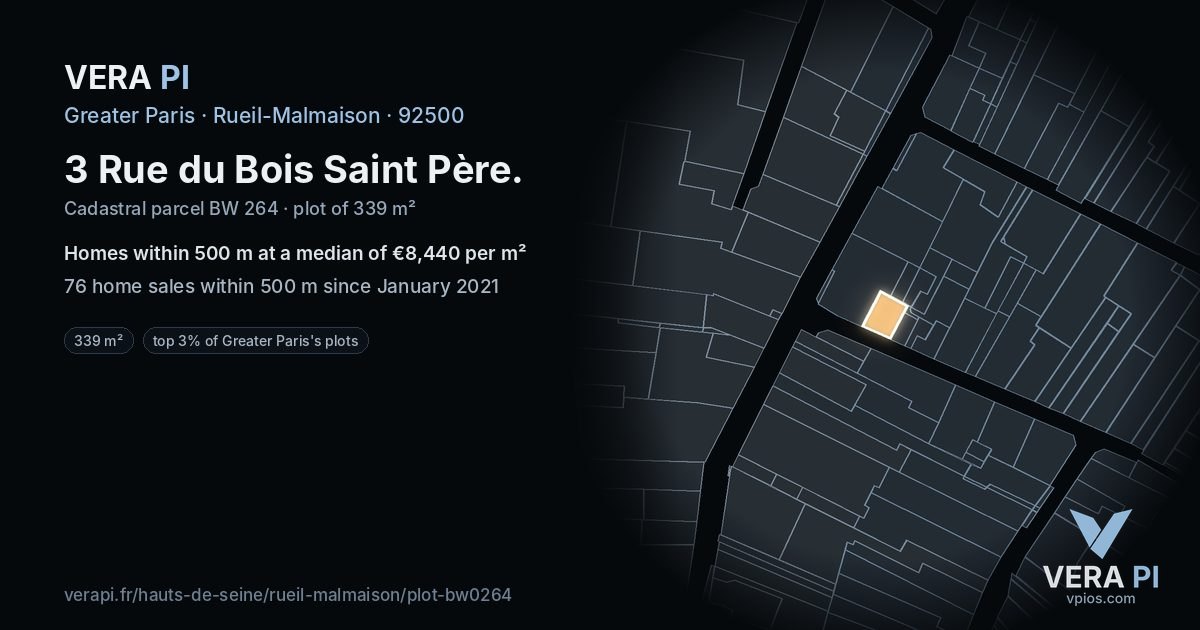 3 Rue du Bois Saint Père, Rueil-Malmaison at night – the plot lit, the parcels around coloured by the prices near them