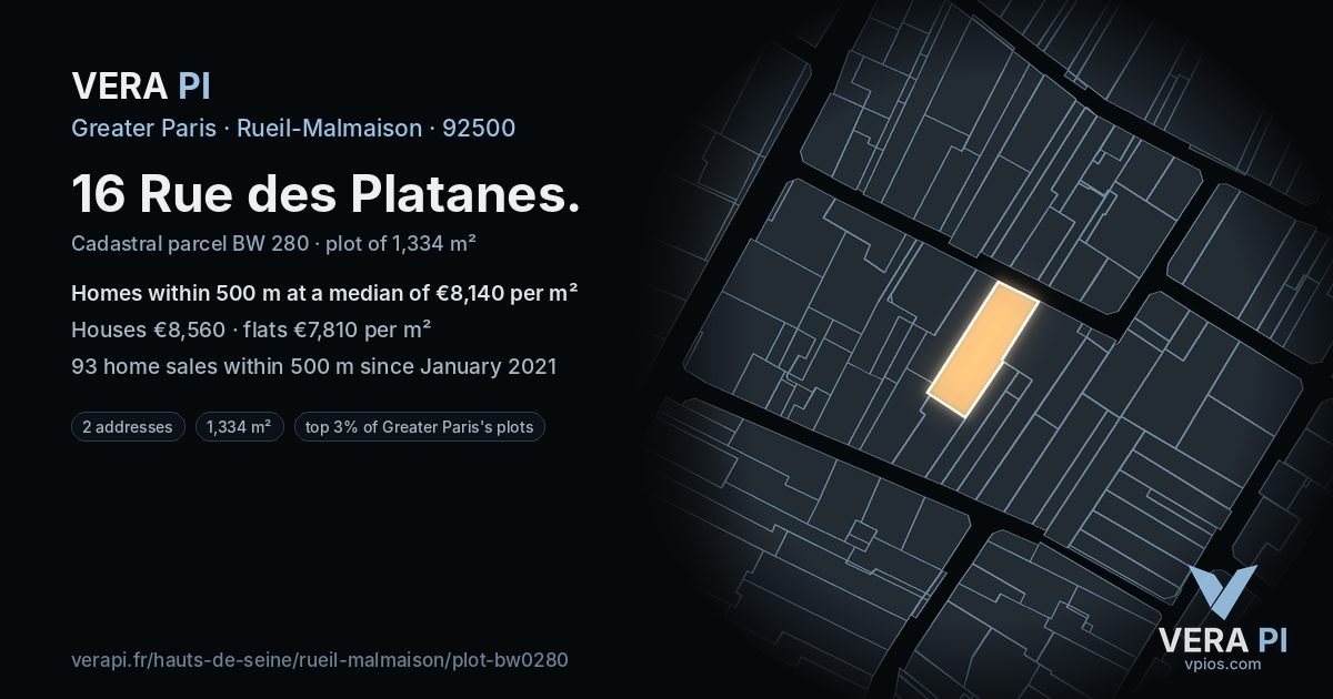 16 Rue des Platanes, Rueil-Malmaison at night – the plot lit, the parcels around coloured by the prices near them