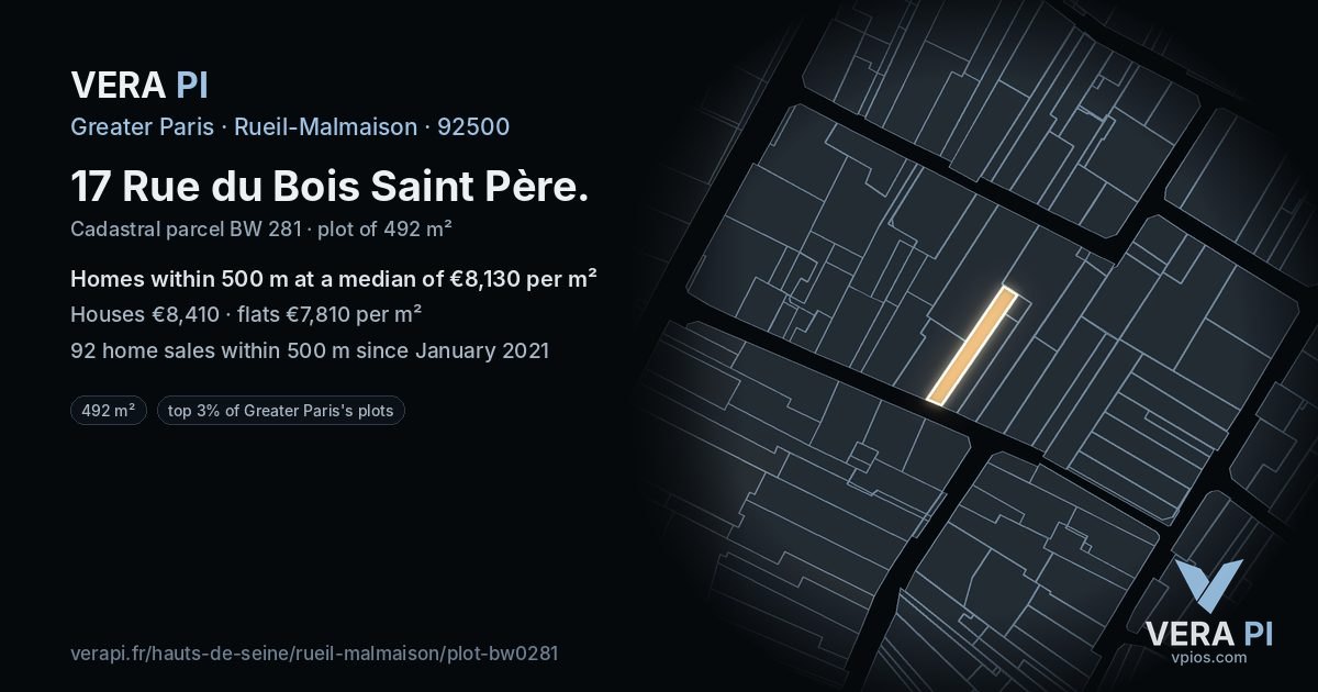 17 Rue du Bois Saint Père, Rueil-Malmaison at night – the plot lit, the parcels around coloured by the prices near them