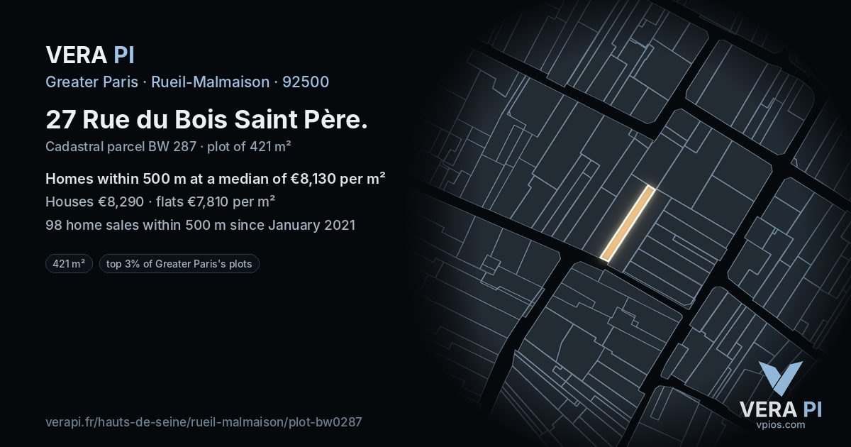 27 Rue du Bois Saint Père, Rueil-Malmaison at night – the plot lit, the parcels around coloured by the prices near them
